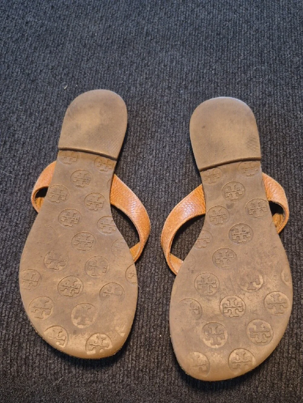 Tory Burch Tan Leather Logo Thong Sandals with Gold Emblems